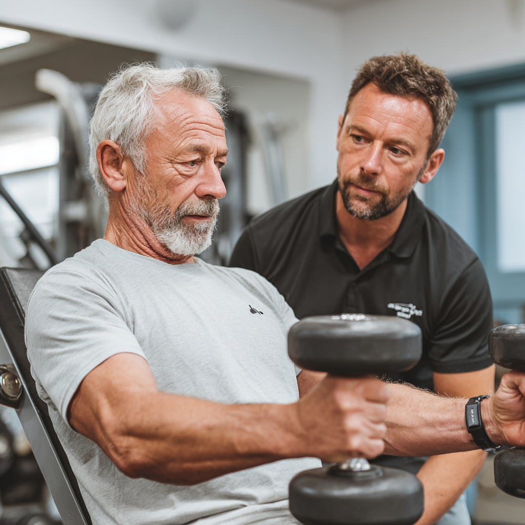 Персонален треньор консултира мъж на 60 години относно подходящи упражнения, двамата са концентрирани върху обучението