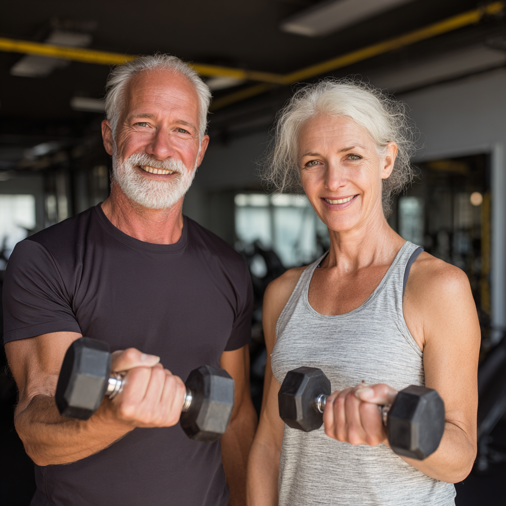 Усмихната двойка на 55 години по време на силова тренировка с дъмбели в модерна фитнес зала
